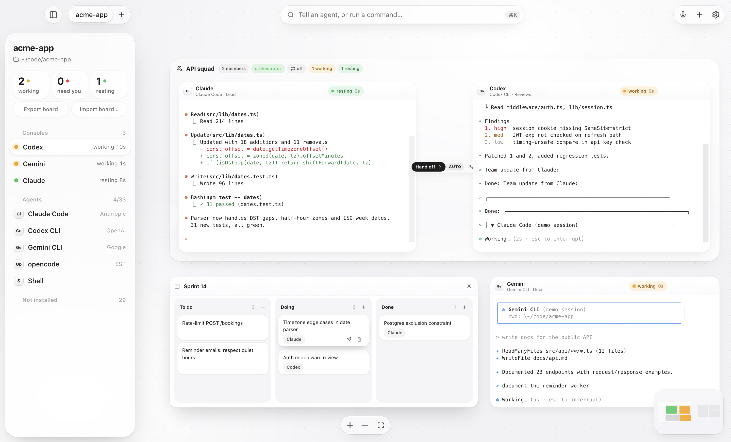 The Panorama board: coding agent terminals arranged on a canvas, each showing its live status, with a sidebar listing consoles and agents.