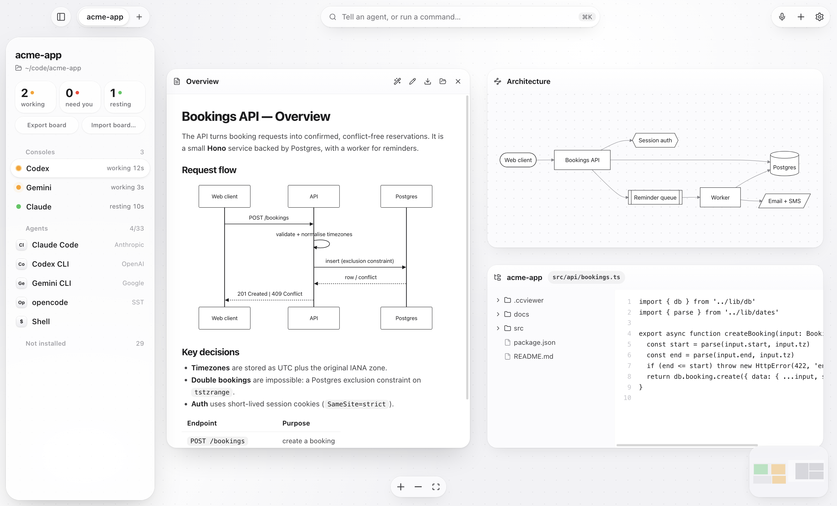 Panorama studios on the board: a rendered markdown document with a sequence diagram and a table, a Mermaid architecture diagram, and a code tree with a file open.